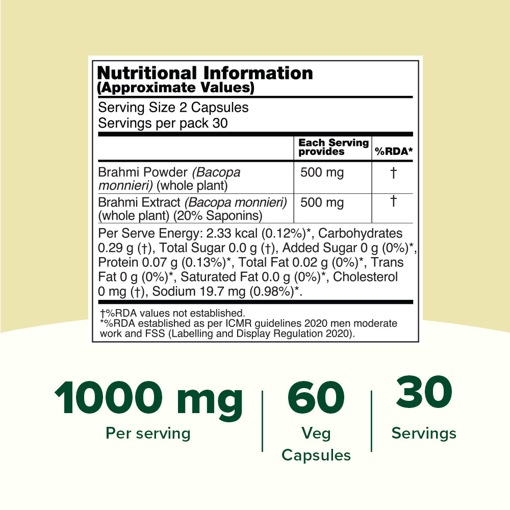 Brahmi Capsules 1000 mg - For Improved Focus