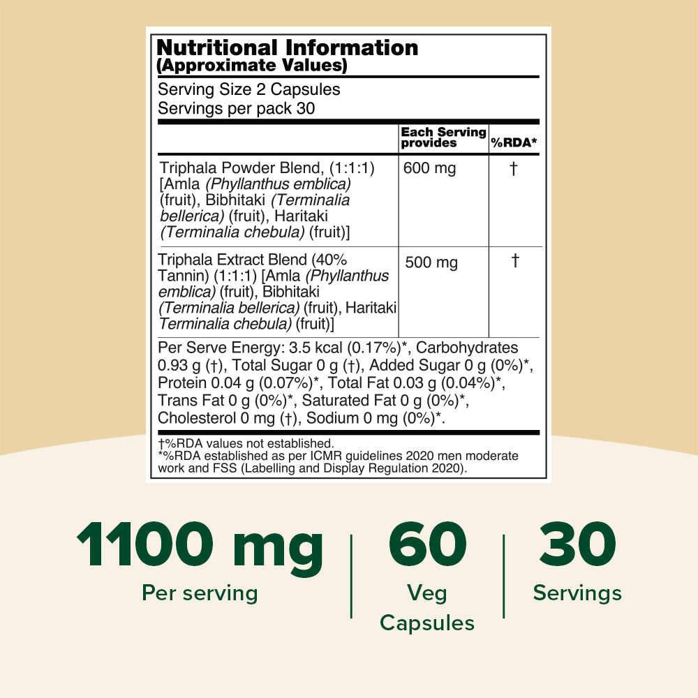 Triphala Capsules 1100mg - For Improved Gut Health