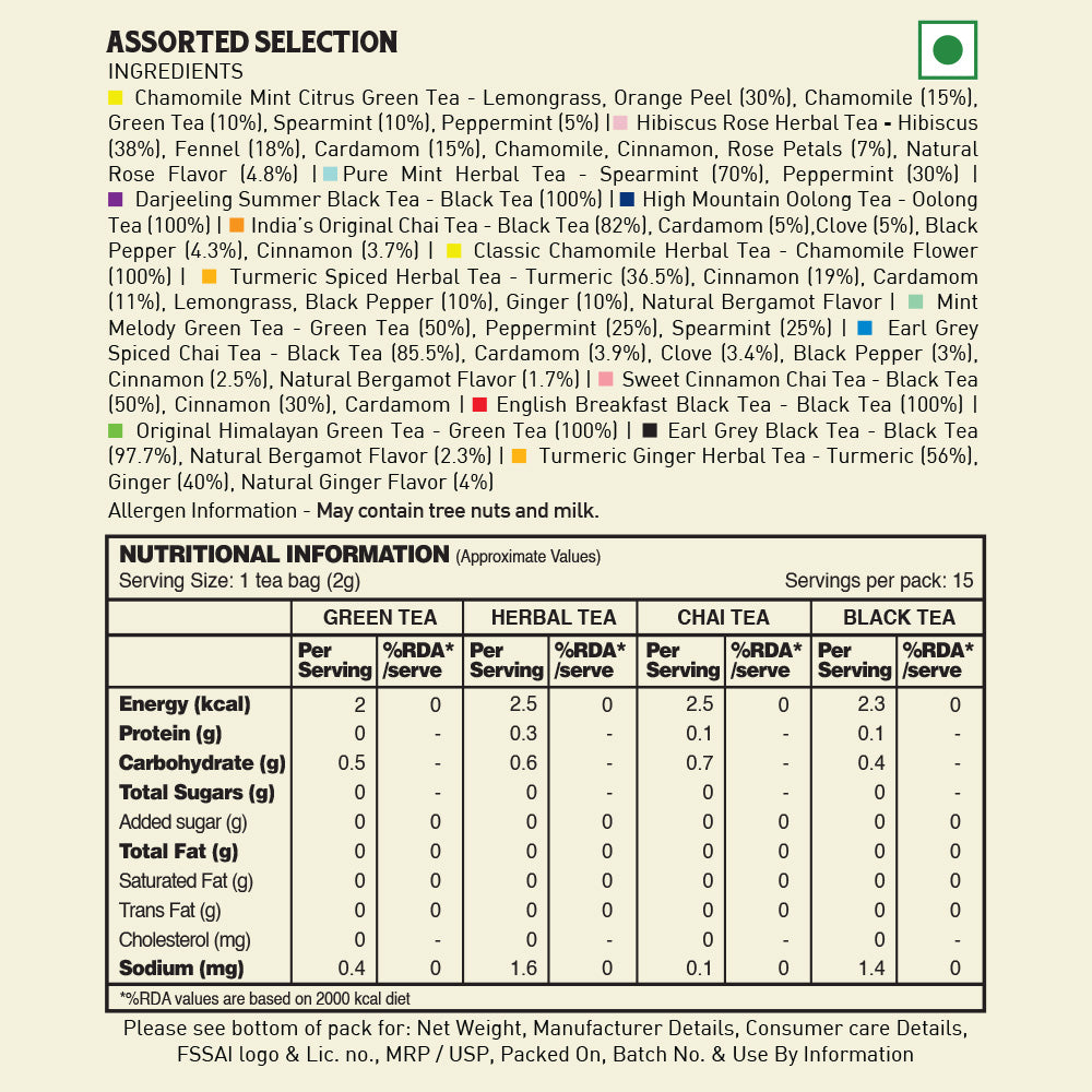 Assorted Tea Bags Sampler | 15 Variants, 15 Count