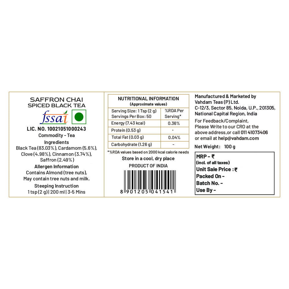 Saffron Premium Masala Chai Tea, 100 g