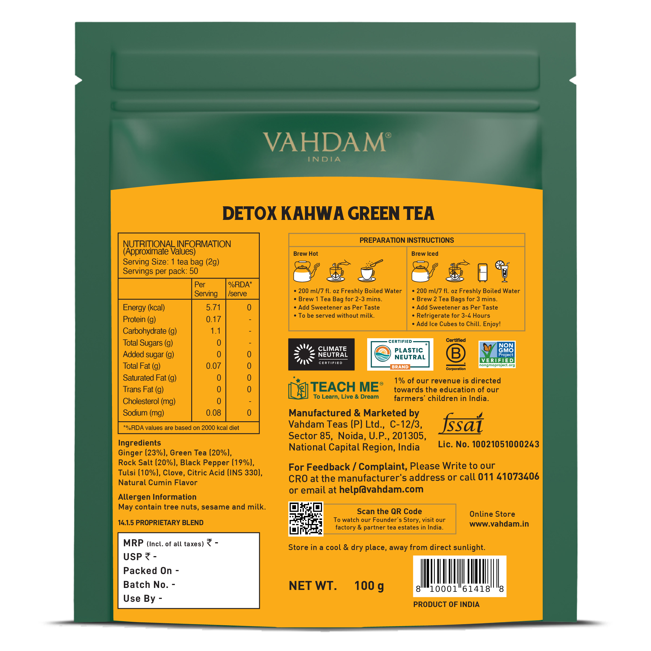 Detox Kahwa Green Tea, 50 Count