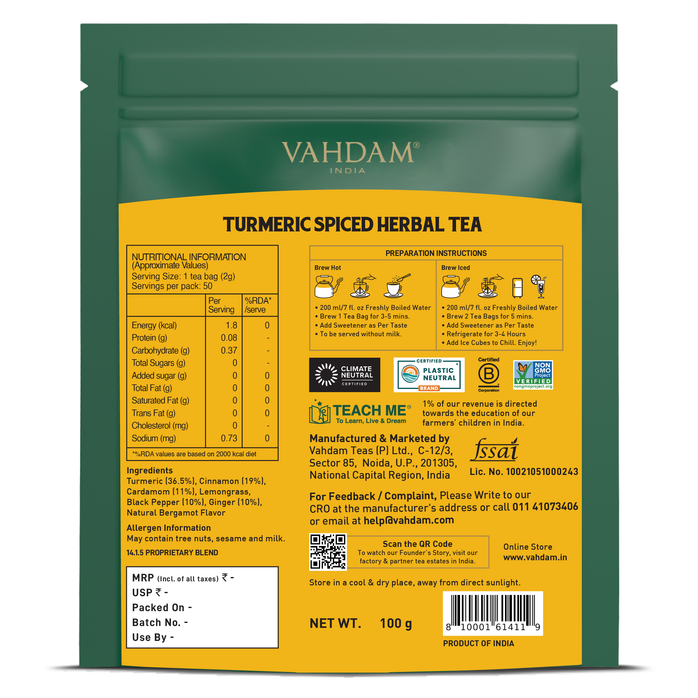 Turmeric Ginger Herbal Tea Tisane, 50 Count