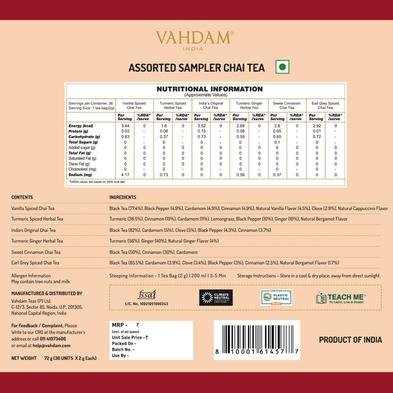 Buy Assorted Chai Tea Sampler Pack - 6 x 6 Variants | VAHDAM® India